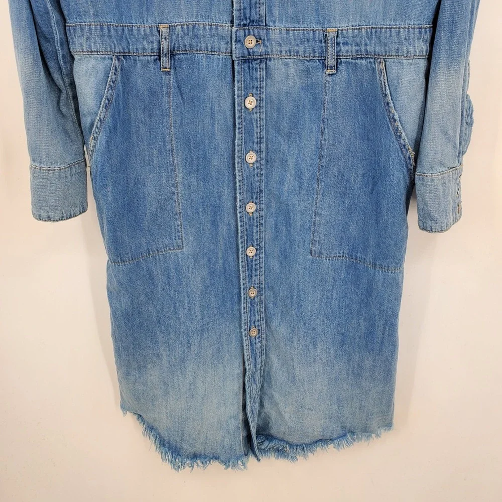 Free People Blue Denim Cotton Linen Button Front Midi Shirt Dress Medium Western - Picture 10 of 13